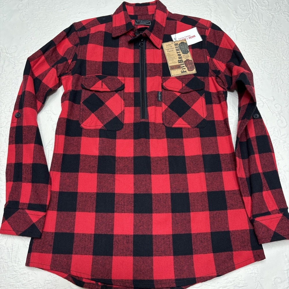 Five Brother Half Zip Front Logger Red/Black Plaid Flannel‎ Shirt XS NWT